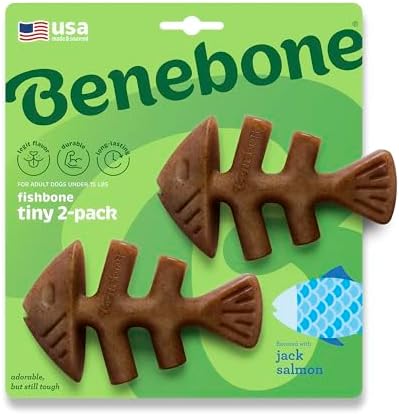 Benebone Tiny 2-Pack Fishbone Durable Dog Chew Toys, Real Fish