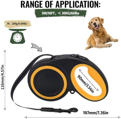 10-16FT,66LBS,Highly Reflective Retractable Dog Leash, M-Black