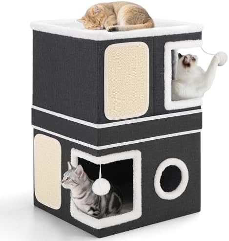 Shikha 2 Story Cat House beds for Indoor Cats with Scratch Pads Black
