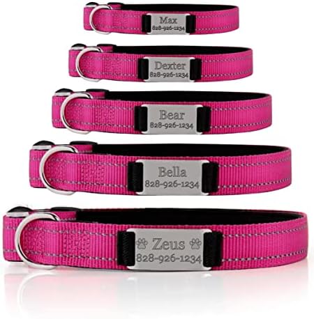 Personalized Dog Collar - Custom Engraved ID Tags with Reflective Material - Small Medium or Large Size with Name Plate (Medium, Pink)