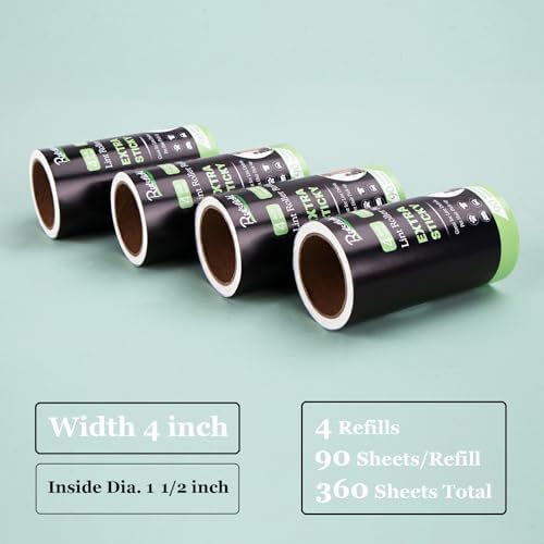 4 inch Lint Roller Refills for Evercare PetLovers Fedicelly Albatross and More Lint Rollers, Extra Sticky 90 Sheets per Refill, Pack of 4 Rolls, 360 Sheets Total (1 1/2 inch Inside Diameter)