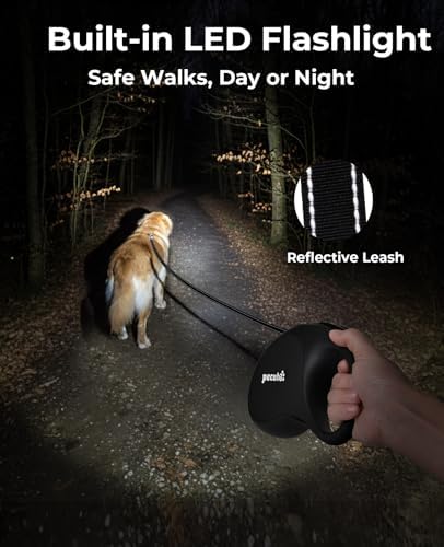 Pecute Retractable Dog Leash with Flashlight, 26ft Heavy Duty Retractable Pet Leash with Light, One-Button Control, Anti-Twist Protection, Reflective Leashes for Medium Large Pets Dogs Up to 110 lbs