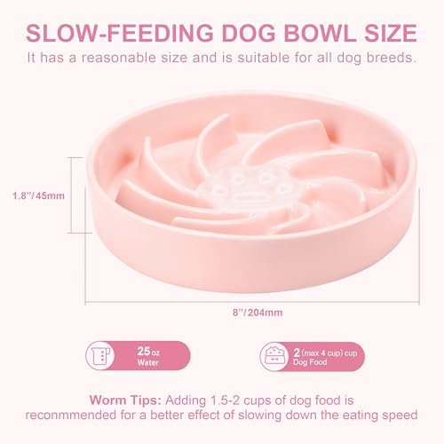 Ceramic Slow Feeder Dog Bowl, 3 Cup Dog Food or 25oz Water, Slow Eating Bowl for Middle Breed, Maze Puzzle Feeder for Fast Eaters, Anti-Choking Stop Bloat, Non-Slip BPA Free (Pink)