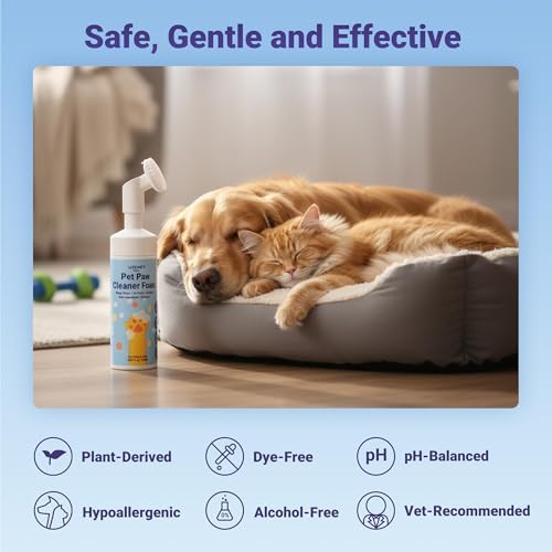 Dog Paw Cleaner, No-Rinse Dog Paw Washer, Waterless Foam Pet Foot Cleanser for Larger Dogs&Small Dogs&Cats, Built-in Scrubber Brush for Dirty Paw, Safe Ingredient, pH-Balanced, 5.1 fl.oz