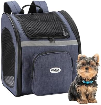 Petique The Backpacker Pet Carrier - Denim: for Small Dogs/Cats/Pets, Storage Pocket, Luggage Handle Slit, Leash Inside, Adjustable Straps, Reversible Mat, 3 Entryways, Folds Flat, Reflective Strip