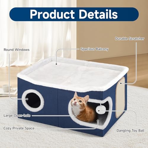 Shikha Extra Large Cat House Bed for Multi Cats with Scratch Pad Blue