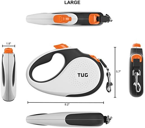 TUG 360° Tangle-Free Retractable Dog Leash with Waste Bag Dispenser (Large, White/Orange)