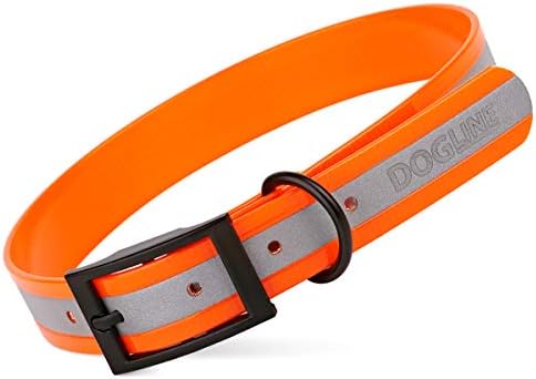 Dogline Biothane Translucent Reflective Waterproof Dog Collar Strong Coated Nylon Webbing with Black Hardware Odor- Proof for Easy Care Clean Fits Small Medium or Large Dogs - Orange 3/4"W x 12"-15" L