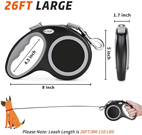 Retractable Dog Leash 26 FT, Heavy Duty Dog Leash for Dogs up to 110lbs, Strong Nylon Tape No Tangle, One-Handed Brake, Pause, Lock, Perfect for Medium Large Dogs