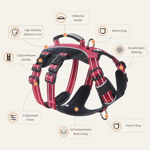 Huntboo Service Dog Vest Harness, Escape Proof Harness with 6 Patches, No-Pull, Reflective Harness with Handle, Adjustable for Small to Large Dogs, for Training and Hiking (Red, L)