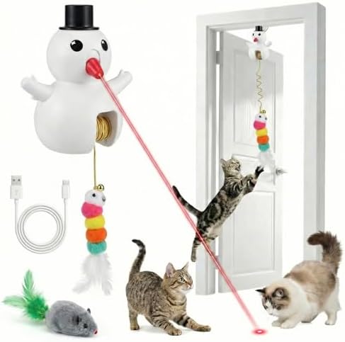 Luxelle Interactive Cat Toy for Indoor Cats, Automatic Hanging Cat Toy with 6.5ft Retractable Elastic Cord, Motion & Laser Play Modes, USB Rechargeable, Wall & Door Mount Toy
