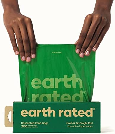 Earth Rated Dog Poop Bags, Thick Grab and Go Single Roll, Ideal for Backyard Pickups, Unscented, 900 Count (3 x 300 count)
