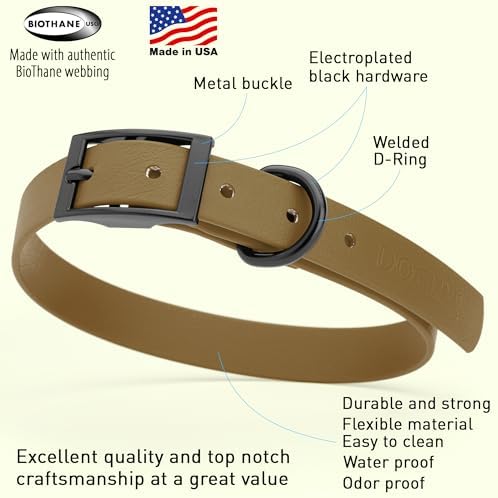 Dogline Biothane Waterproof Dog Collar Strong Coated Nylon Webbing with Black Hardware Odor- Proof for Easy Care Easy to Clean High Performance Fits Small Medium or Large Dogs, Coyote Brown