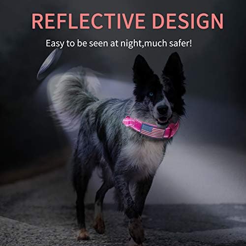 Dog Collar Tactical Highly Reflective Military Pet Collar Nylon with a American Flag Patch and a American Flag Pendant K9 Collar with Metal Buckle and Control Handle for XL Pink