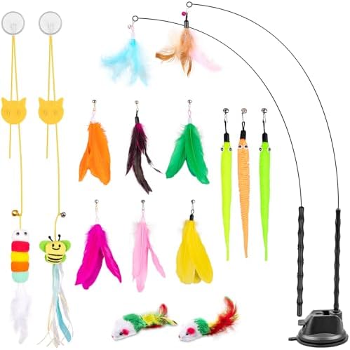 Depets Cat Wand Toy, 15 Pcs Interactive Cat Feather Toys for Indoor Self Play & Exercise, 2 Play Modes Kitten Teaser Wand, Reusable Suction Cup Kitten Toys