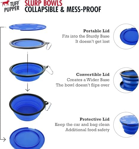 Tuff Pupper SuperBigSlurp Collapsible Dog Bowls | Two Pack Bowls | Extra Large Capacity | Portable, Food Safe, Odorless | Non-Toxic Silicone [Two Pack Blue Bowls 60oz]