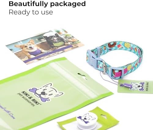 KIKI & RIKI Soft Nylon Dog Collar for Small Dogs, Adjustable, Quick-Release Buckle, Size S (Neck 9.4-14.6"), Light Blue Artist-Designed Print