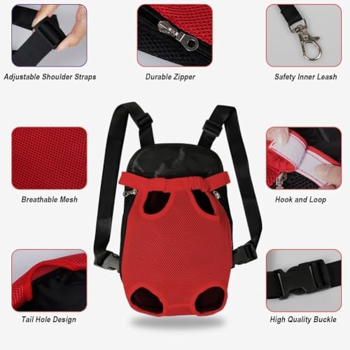 Pet Carrier Backpack, Adjustable Pet Front Cat Dog Carrier Backpack Travel Bag, Legs Out, Easy-Fit for Traveling Hiking Camping for Small Medium Big Dogs Cats Puppies (Red, Medium)