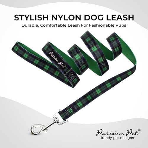 Parisian Pet Plaid Dog Leash - Nylon Heavy Duty Training Leashes for Dogs with Comfortable Handle - Strong Metal Clip 4Ft Scottish Green Puppy Leash - Chew Proof Leashes for Small and Medium Dogs