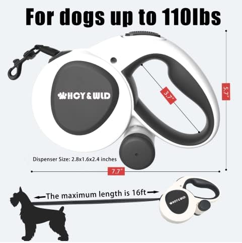 16 ft Retractable Dog Leash with Poop Bag Holder & Poop Bags