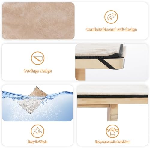 PETSFIT Cat Window Perch, Solid Wood, Fleece Mat, Windowsill Bedside Drawer