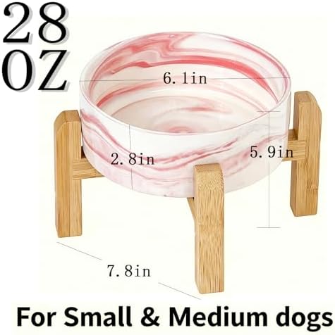Elevated/Raised Ceramic Dog Bowl with Bamboo Stand,Marble Pattern 6 Inch 3.6 Cups Non Slip Heavy Weighted Single Pet Dish, for Small Medium Breed & Cats,Reduces Neck Strain Marble Pink