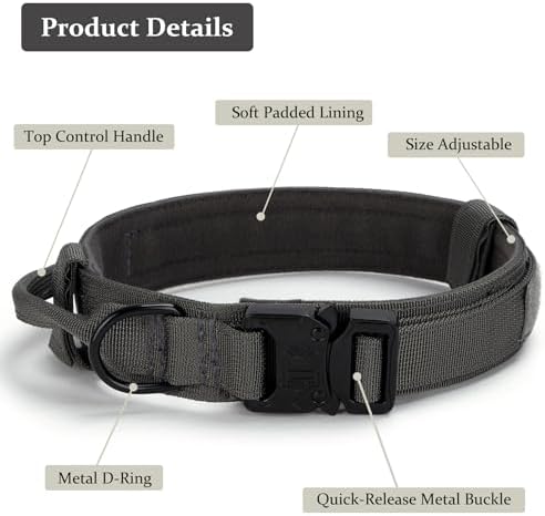Tactical Dog Collar, Adjustable Military Training Nylon Pet Collar, Grey S
