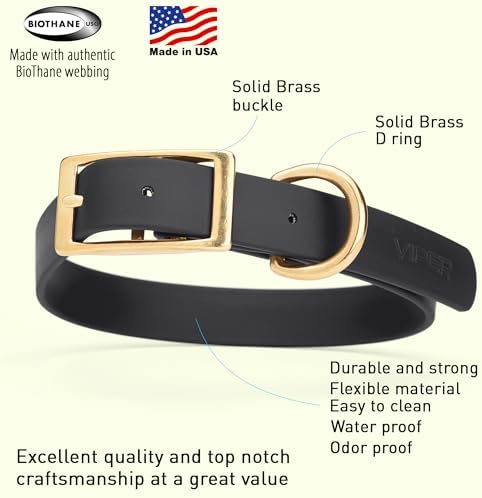 Viper Biothane Heavy Duty Waterproof Dog Collar Strong Coated Nylon Webbing w/Solid Brass Hardware Odor-Proof Easy to Clean High Performance Fits Small Medium or Large Dogs, Black