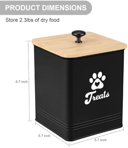 Dog Treat Container Airtight, 5.7" W x 6.7" H Iron Pet Treat Jar with Bamboo Lid, 12 Cup Food Storage Canister for Kitchen Counter, Decorative Pet Cookie Jar for Dog Snacks Kibble,Black