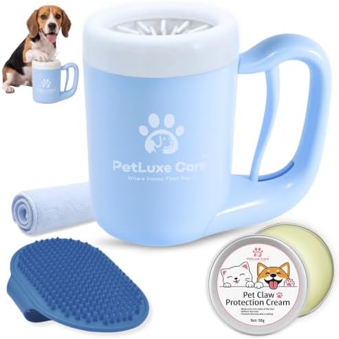 Dog Paw Cleaner, Paw Washer Cup with Soft Silicone Bristles, Portable Dog Foot Washer, 4-in-1 Paw Cleaner Kit with Paw Balm, Microfiber Towel & Grooming Brush (Blue, Medium)