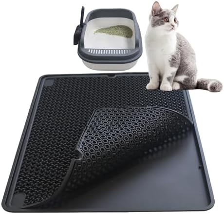 Cat Litter Mat Double Layer, Kitty Litter Box Mat Small Waterproof Urine Proof Trapping, Easy Clean, Silicone Cat Supplies & Accessories for Indoor Pets (Black, 19.68x14.96x0.39 in)