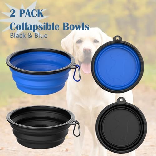 Collapsible Dog Bowls [2 Pack] 34 oz, Travel Dog Bowls, Pet Bowl Portable Foldable Water Food Feeding Dishes with Carabiner Clip for Traveling Hiking Walking-Black & Blue