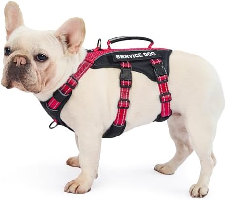 Huntboo Service Dog Vest Harness, Escape Proof Harness with 6 Patches, No-Pull, Reflective Harness with Handle, Adjustable for Small to Large Dogs, for Training and Hiking (Red, M)