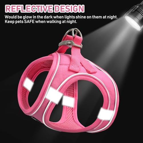 GAMUDA Small Pet Harness Collar and Leash Set, Step in No Chock No Pull Linen Fabric Soft Mesh Dog Vest Harnesses Reflective for Dogs Puppy Cats Kitten Rabbit (Pink, M)