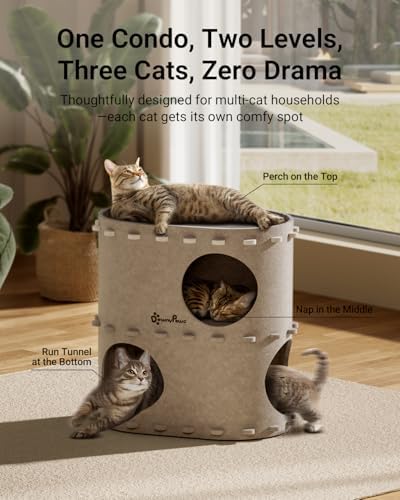 DownyPaws Cat House for Indoor Cats, 2-Storey Cat Bed Cave, Cream