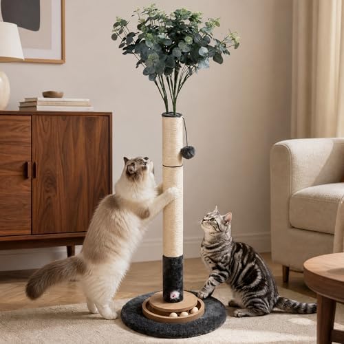 47" Cat Scratching Post, Nature Sisal Rope Cat Scratcher Tree, Durable Scratcher Post with Hanging Ball, Mouse Hole & Ball Track, 3-Layer Stable Wood Base for Large Cats & Adult Cats