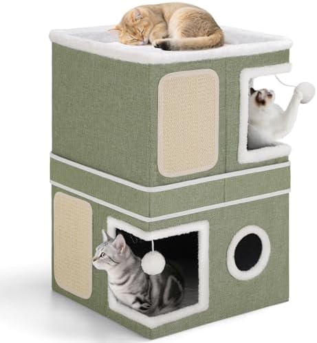 Shikha 2 Story Cat House beds for Indoor Cats with Scratch Pads Green
