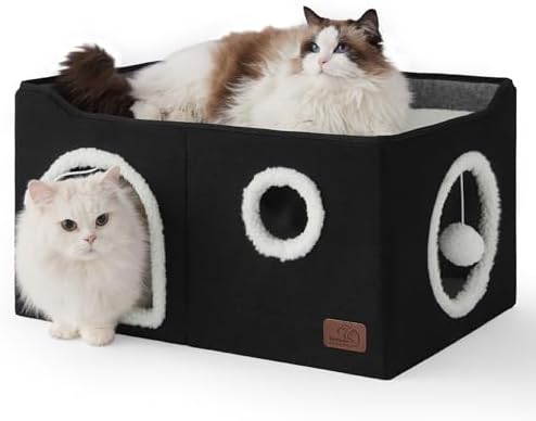 Bedsure Extra Wide Cat House Bed with Fluffy Ball and Scratch Pad,Black
