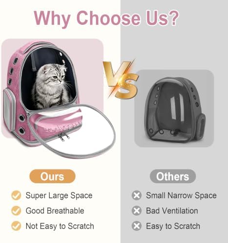 Cat Backpack Carrier, Breathable Cat Bubble Backpack Large Space Cat Carrier Backpack for Kitty Small Dog Up to 15 lbs, Foldable Airline Approved Cat Backpack, Transparent Pet Travel Backpack (Pink)