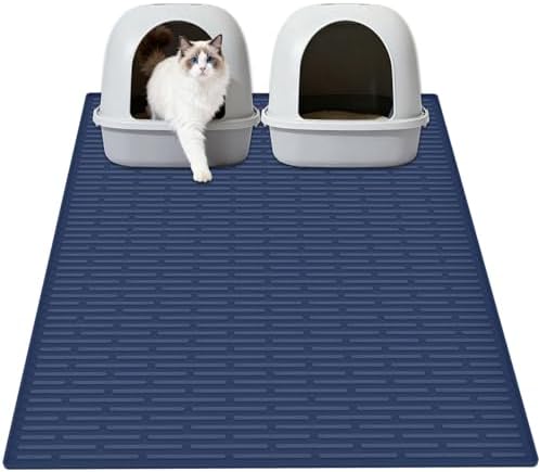 XXL Extra Large Silicone Cat Litter Trapping Mat for Scatter Control, 40"x30"(100cmx75cm) Waterproof Kitty Litter Box mat for Floor, Soft on Kitty Paws, Easy to Clean, Dark Blue
