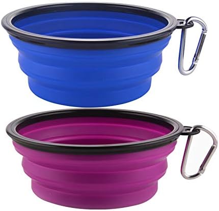 Guardians Large Collapsible Dog Bowls, 34oz Travel Water Food Bowls Portable Foldable Collapse Dishes with Carabiner Clip, 2 Pack (Blue + Purple)