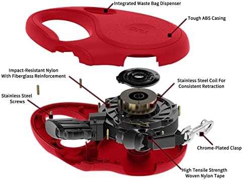 TUG Oval 360° Tangle-Free Retractable Dog Leash with Integrated Waste Bag Dispenser (Small, Red)