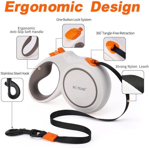 Retractable Dog Leash, 16 FT/26 FT Dog Leash Retractable for Small/Medium/Large Dogs up to 110 lbs, Strong Nylon Tape, Tangle Free, One-Hand Brake (White/Orange, Large)
