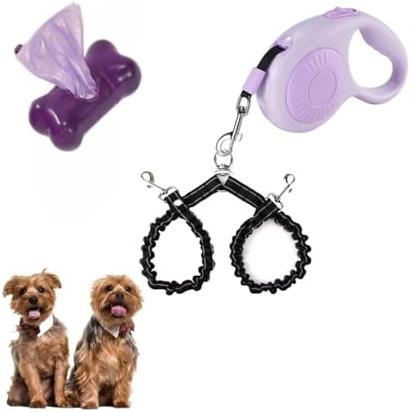 Double Dog Leash for Walking 2 Small Dogs (Up to 33 Lbs Each), Dual Retractable 9.8ft Extendable Strong Nylon Tape Pet Leash with Poop Bags, One-Handed Brake, Pause, Lock (Purple)