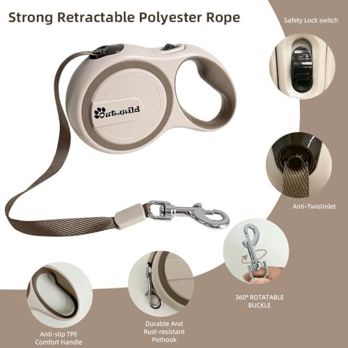 OUTnWILD Retractable Dog Leash - Tangle-Free 360° Design with Anti-Slip Handle | 16 ft Strong Nylon Tape | One Touch Quick-Lock Braking System | for Small/Medium Breeds/Pets Up to 44lbs. (Khaki, M)