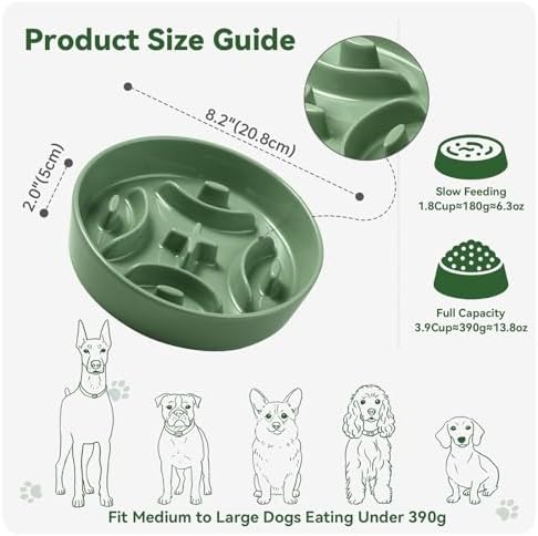 Ceramic Slow Feeder Dog Bowl, 1.8 Cups Anti -Slip Slow Feeding Bowl to Slow Down Eating, 8.2 Inch Dog Food Dish for Medium to Large Breeds, Green