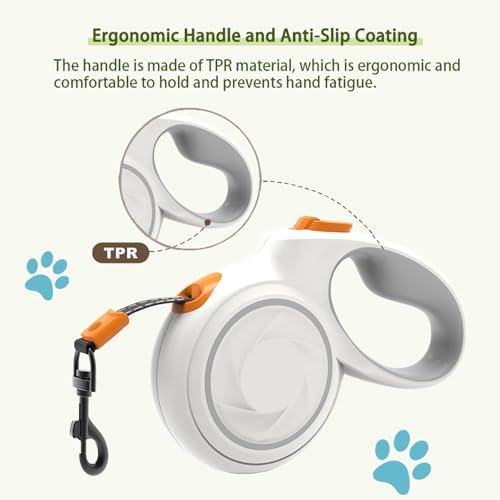 Upgraded 360° Tangle-Free Retractable Dog Leash with Anti-Slip Handle, 16Ft Strong Pulling Force Nylon Tape, One-Handed Brake, Lock, Smooth Retract, Medium, White