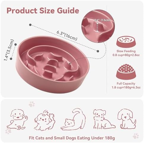Ceramic Slow Feeder Dog Bowl, 0.8 Cups Anti -Slip Slow Feeding Bowl to Slow Down Eating, 6.3 Inch Dog Food Dish for Small Breeds, Pink