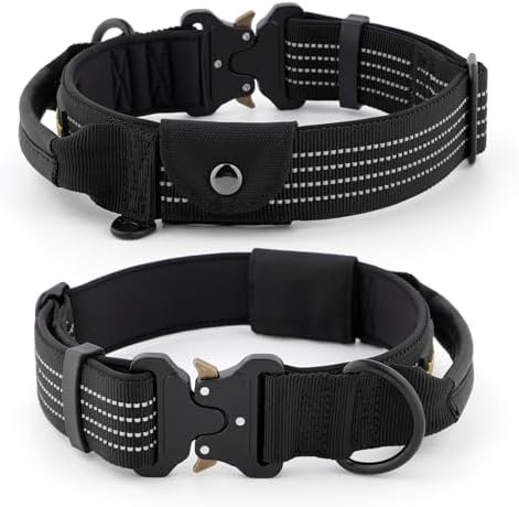 Plutus Pet Tactical Dog Collar with Pocket for AirTag, Black, S