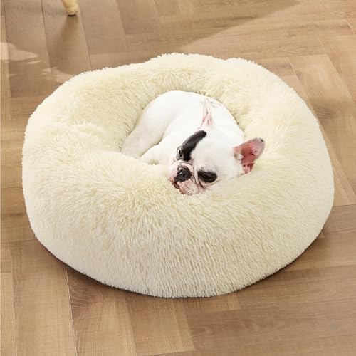 Bedsure Calming Small Medium Dog Bed Donut Washable Puppy Bed,27ins Cream